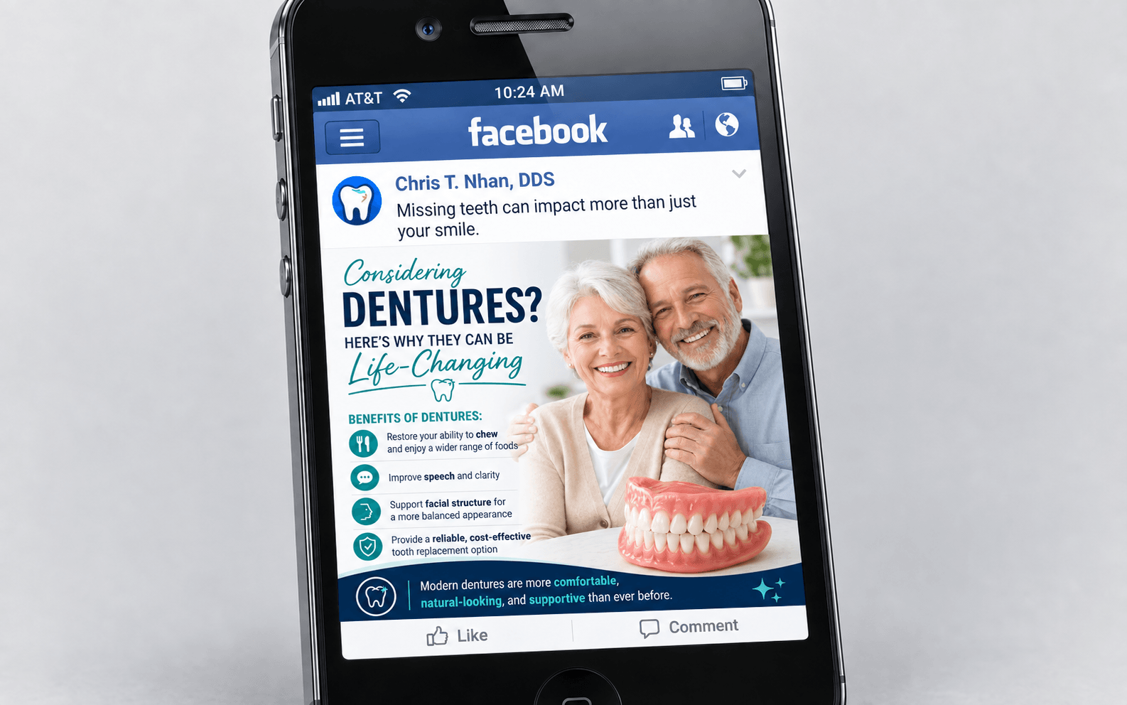 Period-inspired iPhone 4 presentation of Chris T. Nhan, DDS’s dentures Facebook post.